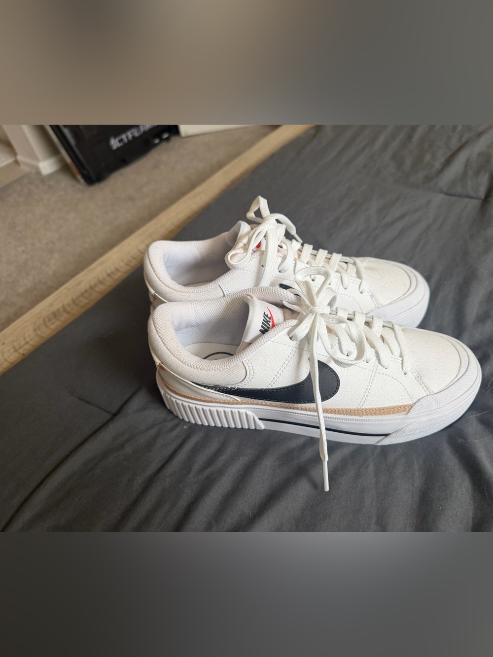 New Nike Women’s White Sneakers with Black Swoosh and Tan Stripe